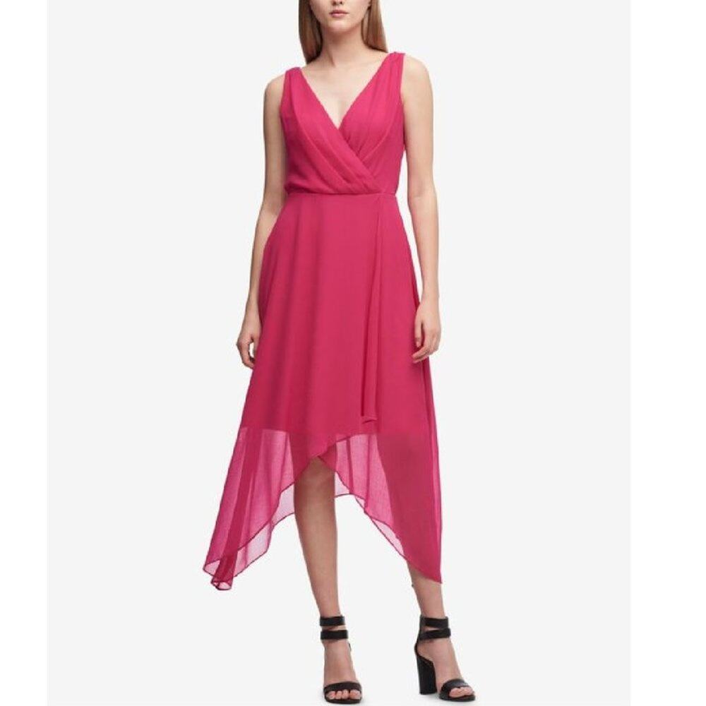 DKNY High Low Hot Pink Chiffon Faux Wrap Midi Dress Casual Party